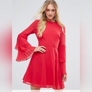 ASOS Tulle Chiffon Red Midi Dress Pleated Calypso Sleeve Size 12
